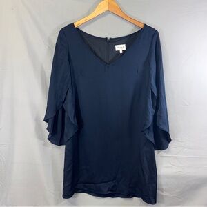 Milly Dress Womens 8 Navy Blue Silk Blend Shift Ruffle Flutter Sleeve Made USA